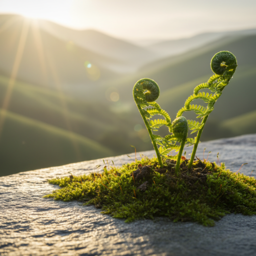 A luminous green fern unfurling delicate new fronds from rich, mossy soil, each leaflet edged with tiny droplets of dew catching the light. The plant sits on a smooth stone ledge overlooking a hazy valley of soft rolling hills. Early morning sunlight streams in from the upper left, creating radiant shafts of light and gentle lens flare, with long, playful shadows stretching across the stone. The atmosphere feels serene yet quietly expectant, as if on the brink of revelation. Photographic realism, eye-level composition with a shallow depth of field blurring the distant landscape into a dreamy bokeh, emphasizing the fern as a symbol of awakening and new age spiritual growth.
