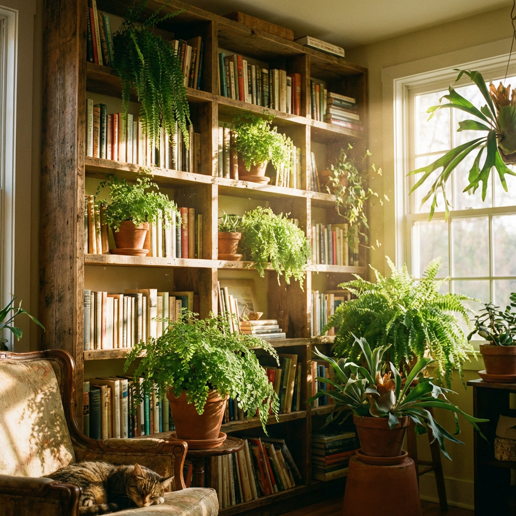 Sunlit wooden bookshelf filled with books and plants next to a sleeping cat.