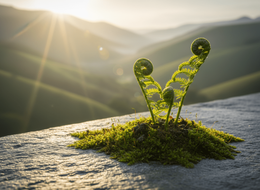 A luminous green fern unfurling delicate new fronds from rich, mossy soil, each leaflet edged with tiny droplets of dew catching the light. The plant sits on a smooth stone ledge overlooking a hazy valley of soft rolling hills. Early morning sunlight streams in from the upper left, creating radiant shafts of light and gentle lens flare, with long, playful shadows stretching across the stone. The atmosphere feels serene yet quietly expectant, as if on the brink of revelation. Photographic realism, eye-level composition with a shallow depth of field blurring the distant landscape into a dreamy bokeh, emphasizing the fern as a symbol of awakening and new age spiritual growth.