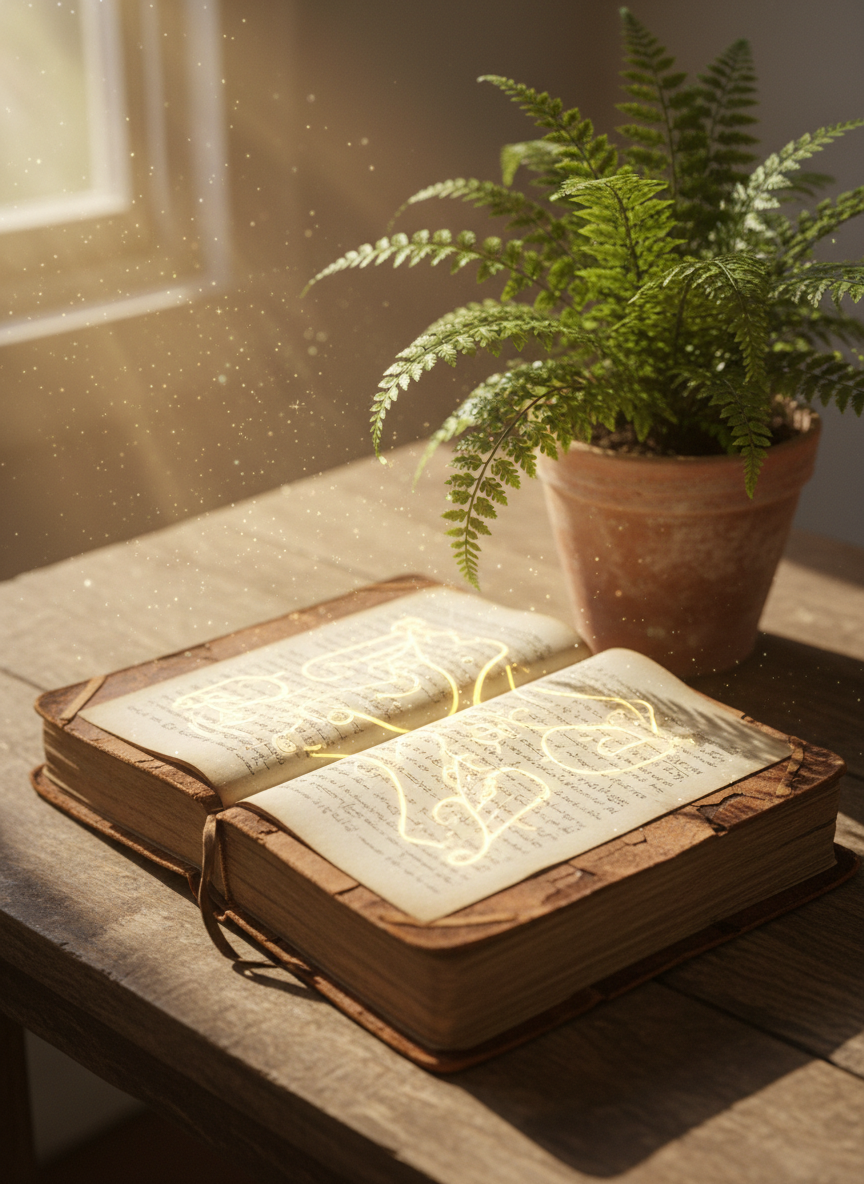 An open, weathered journal lies on a sun-warmed wooden table beside a feathery fern in a simple clay pot, the pages filled with faint, swirling glyphs of golden light instead of ink. Sunbeams from a nearby window pour across the scene, illuminating dust motes that float like tiny stars in the air. Soft shadows of fern fronds dance across the glowing pages. Photographic realism, shot from a slightly elevated angle using the rule of thirds, with the journal in sharp focus and the background gently blurred. The mood is playful yet reverent, suggesting channeled messages from higher consciousness entering the physical world.