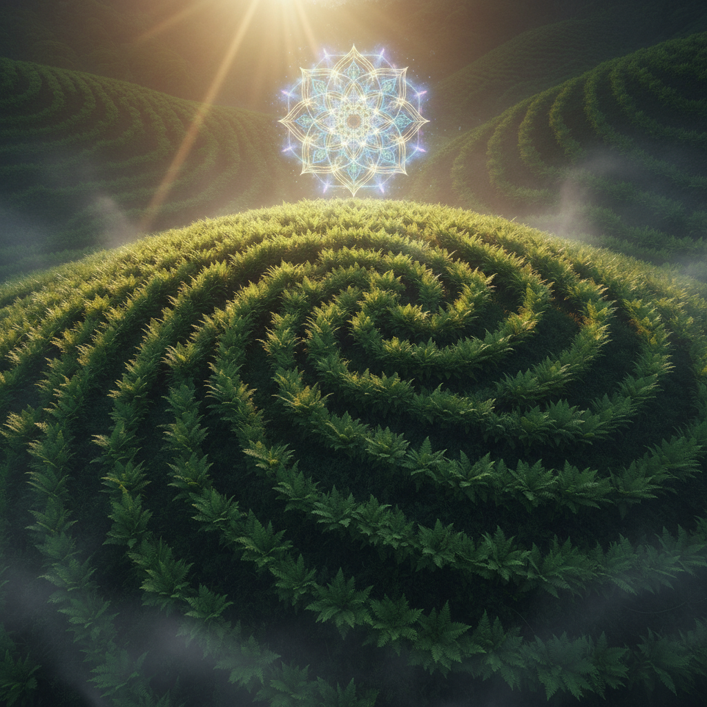 A smooth, rounded hillside blanketed in lush emerald ferns, arranged in graceful spirals that subtly echo the shape of a glowing, ethereal mandala shining faintly above the landscape. Sunlight from a late afternoon golden hour slants across the hill, highlighting the texture of each fern frond and casting intricate, lace-like shadows. Wisps of mist curl around the lower slopes, adding mystery without obscuring detail. Photographic realism with a wide-angle, slightly elevated perspective, ensuring sharp focus throughout. The atmosphere is otherworldly yet grounded, suggesting a sacred mount of enlightenment in the Age of Aquarius, infused with playful cosmic order and natural beauty.