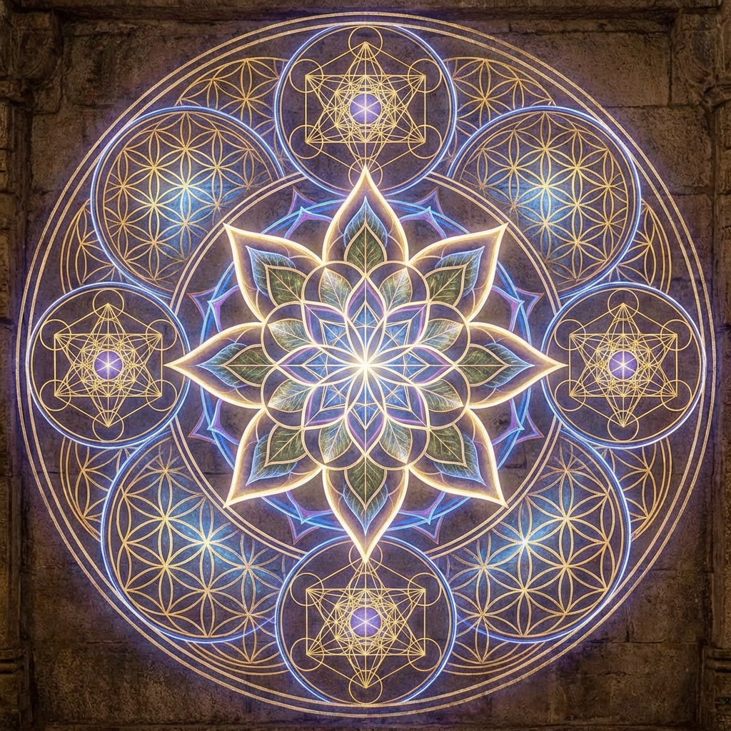 Glowing mandala with sacred geometric patterns and central lotus on a stone wall