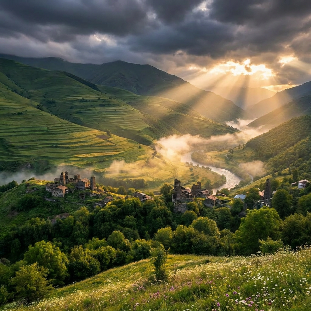 Ancient stone ruins on a green hillside overlooking a winding river in a misty valley.
