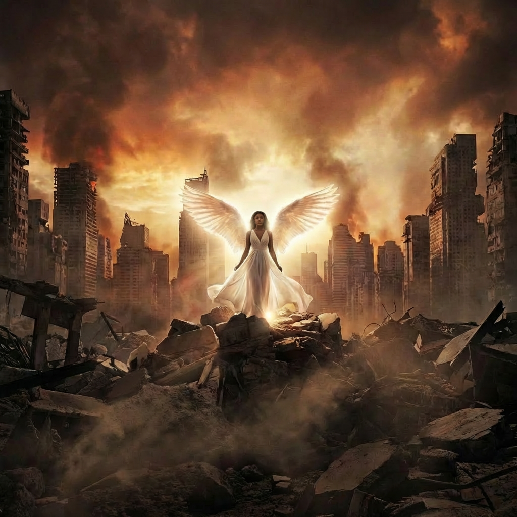 An angelic woman in white stands among city ruins with the word ARMAGEDDON below.