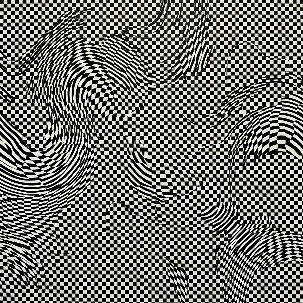 Black and white checkerboard pattern distorted with swirling warps